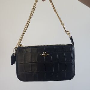 Coach Black Croc-Embossed Wristlet with Gold Chain